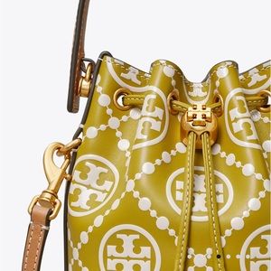 Tory Burch Monogram Embossed Leather Mini Bucket Bag Island Palm/New Cream